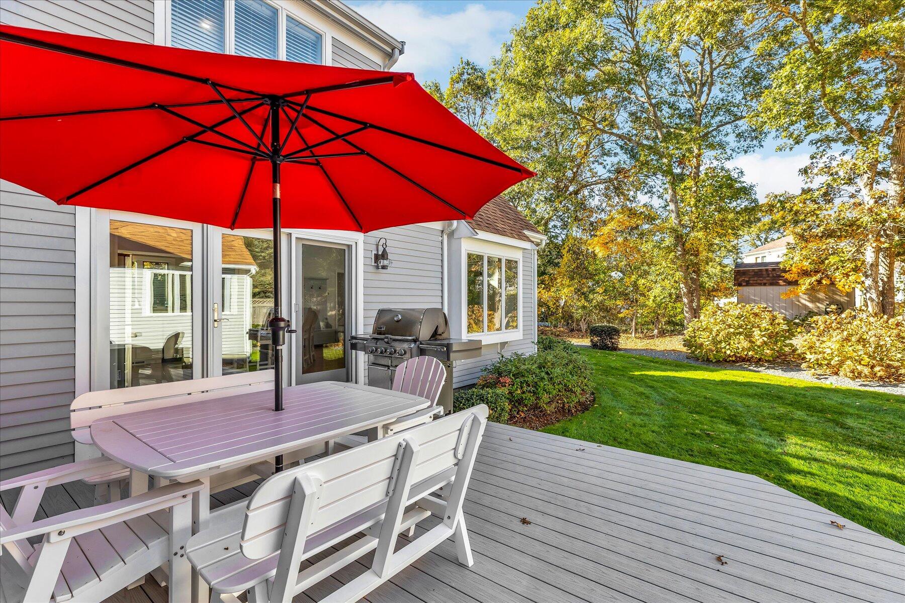 14 Ryder Road North Falmouth, MA 02556 - Photo 20 of 85 a patio with a table and chairs under an umbrella