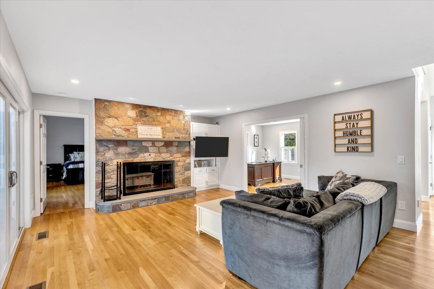 14 Ryder Road North Falmouth, MA 02556 - Photo 36 of 85 a living room with fireplace furniture and a flat screen tv