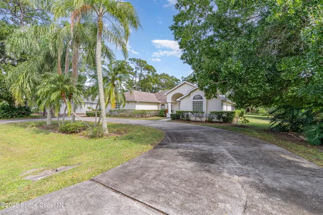 a view of backyard with swimming pool and trees