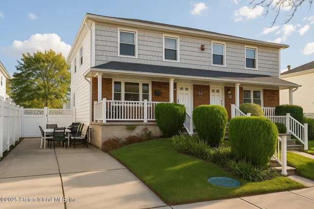 a front view of a house with a garden and sitting area