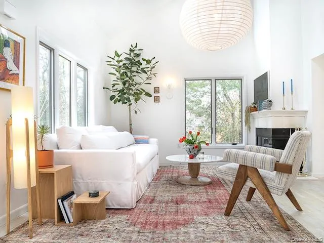 a living room with furniture and a potted plant