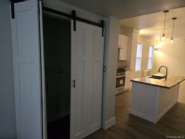 a kitchen with a refrigerator and sink