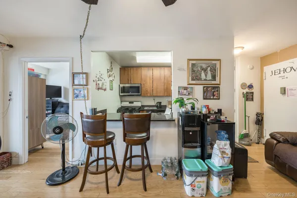 a view of a dining room with furniture
