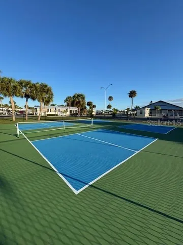 a view of a swimming pool with lawn chairs and plants