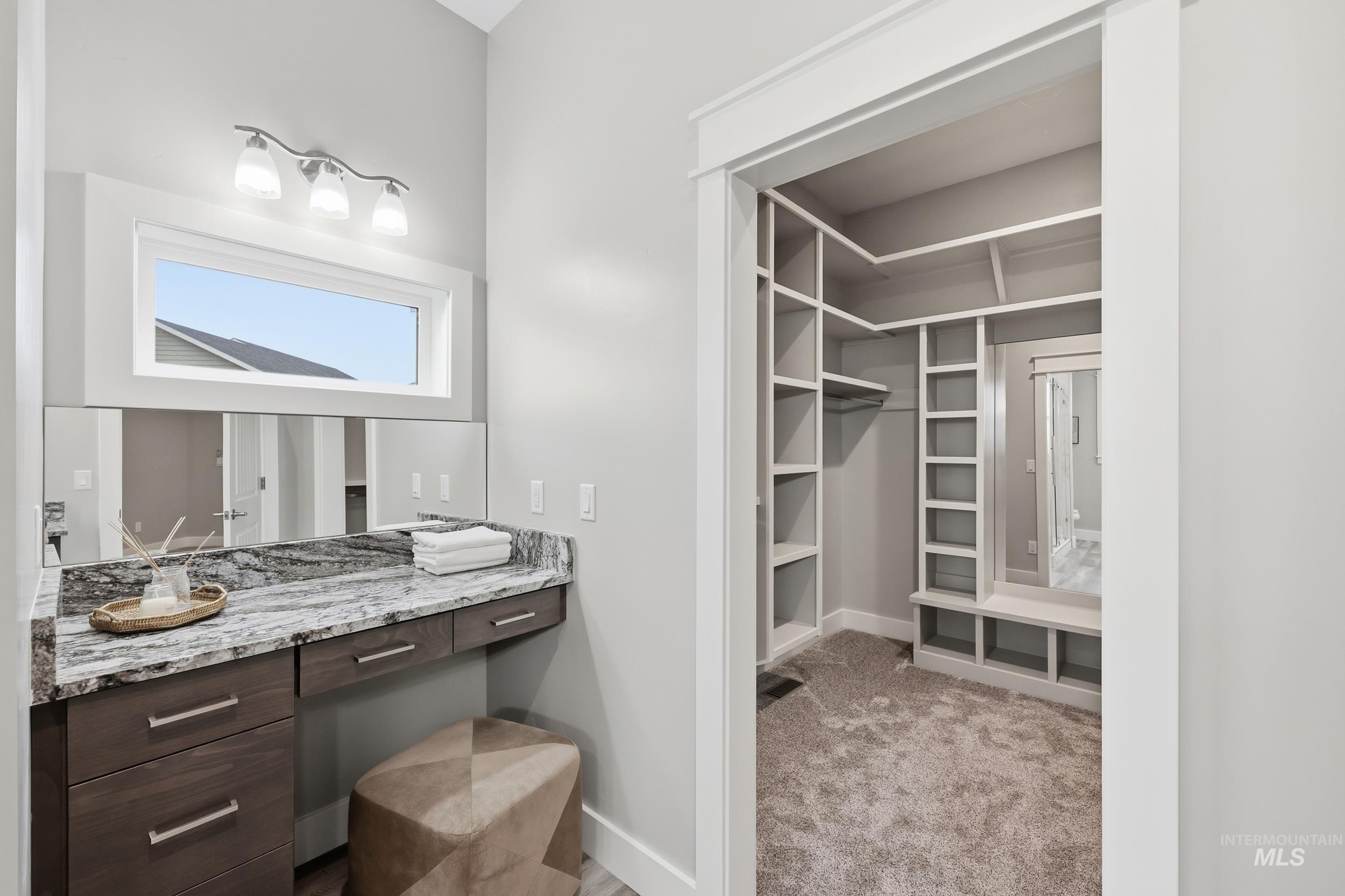 9264 Basin Kid Court Middleton, ID 83644 - Photo 37 of 50 Bathroom with vanity, light carpet, and a walk in closet
