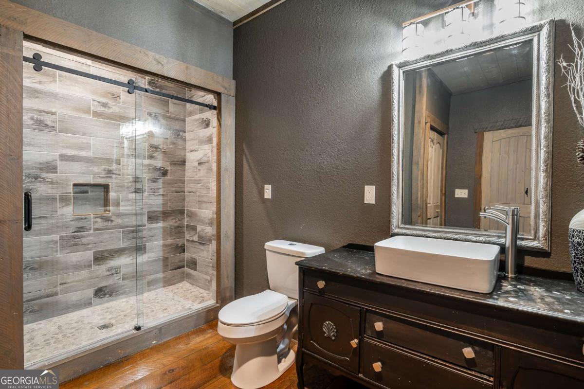 2637 River Road Mineral Bluff, GA 30559 - Photo 32 of 69 a bathroom with a sink a toilet a mirror and shower