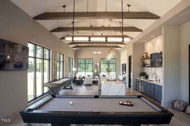 a living room with large window