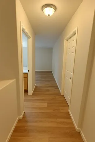 a view of a hallway with wooden floor