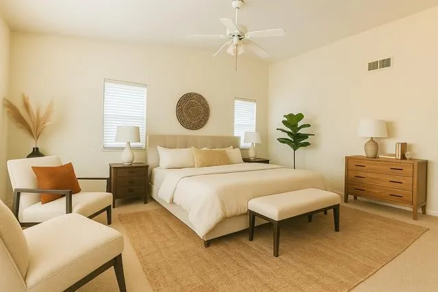 a bedroom with a bed and chandelier