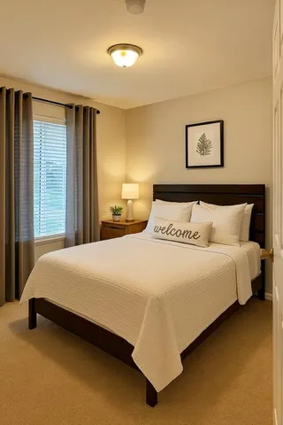 a bedroom with a bed and glass window