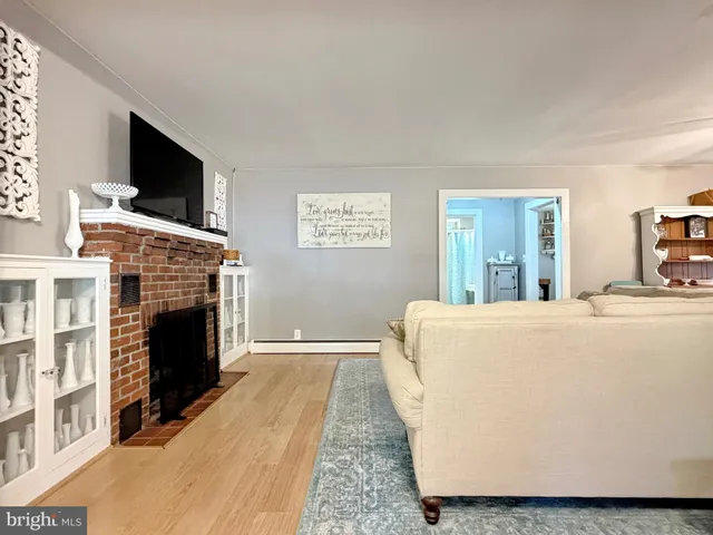 a living room with a fireplace and a flat screen tv