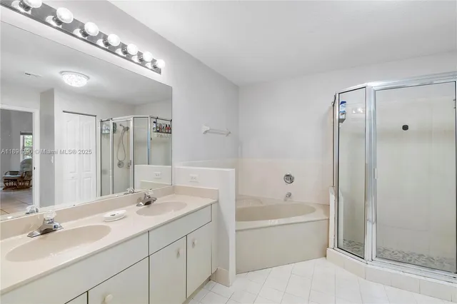 a bathroom with a tub a double vanity sink and mirror