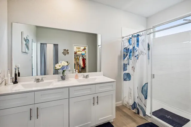 a bathroom with a sink a mirror a vanity and a shower