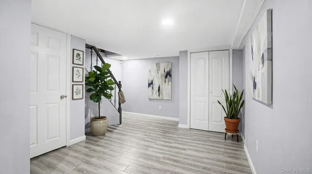 a view of a hallway with wooden floor and a potted plant