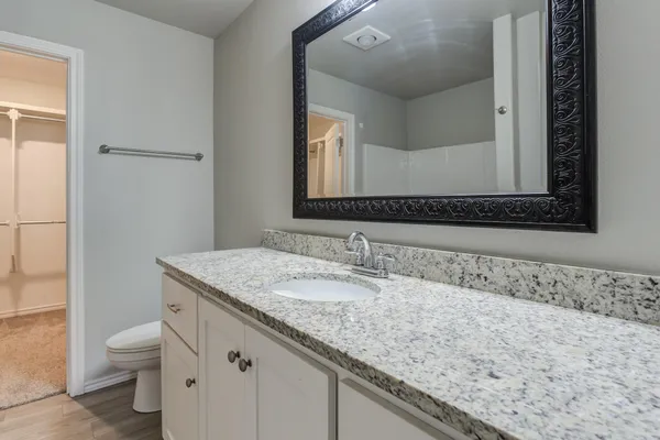 a bathroom with a granite countertop sink and a mirror