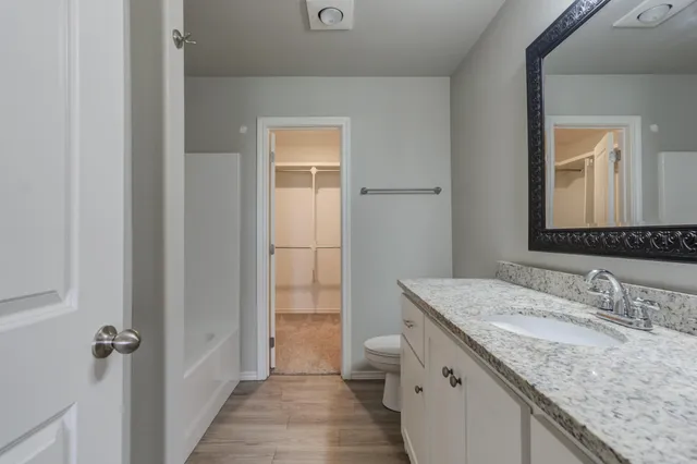 a bathroom with a granite countertop sink and a mirror