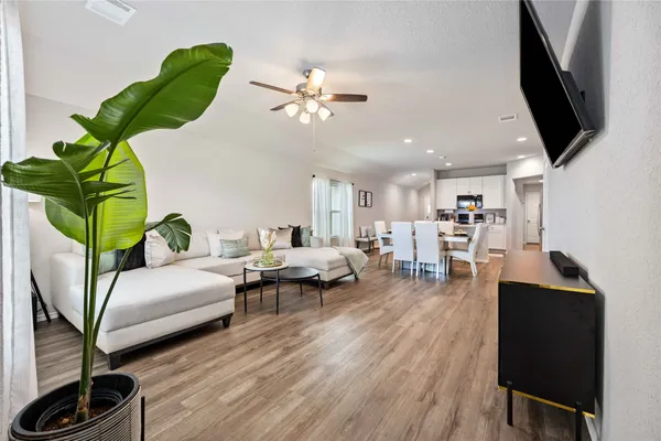 a living room with furniture a flat screen tv and a potted plant
