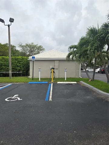 a view of a street with a slide