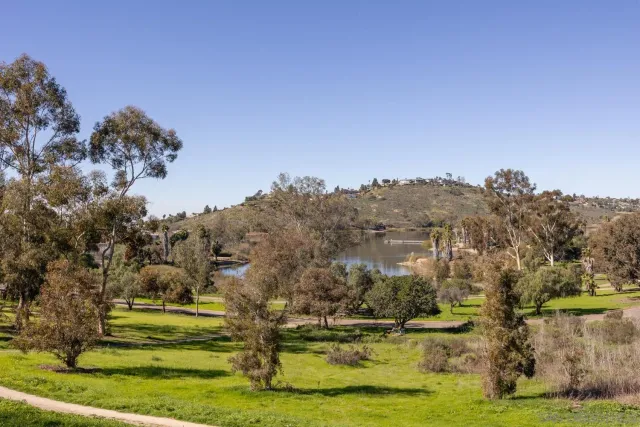a view of a swimming pool with a yard