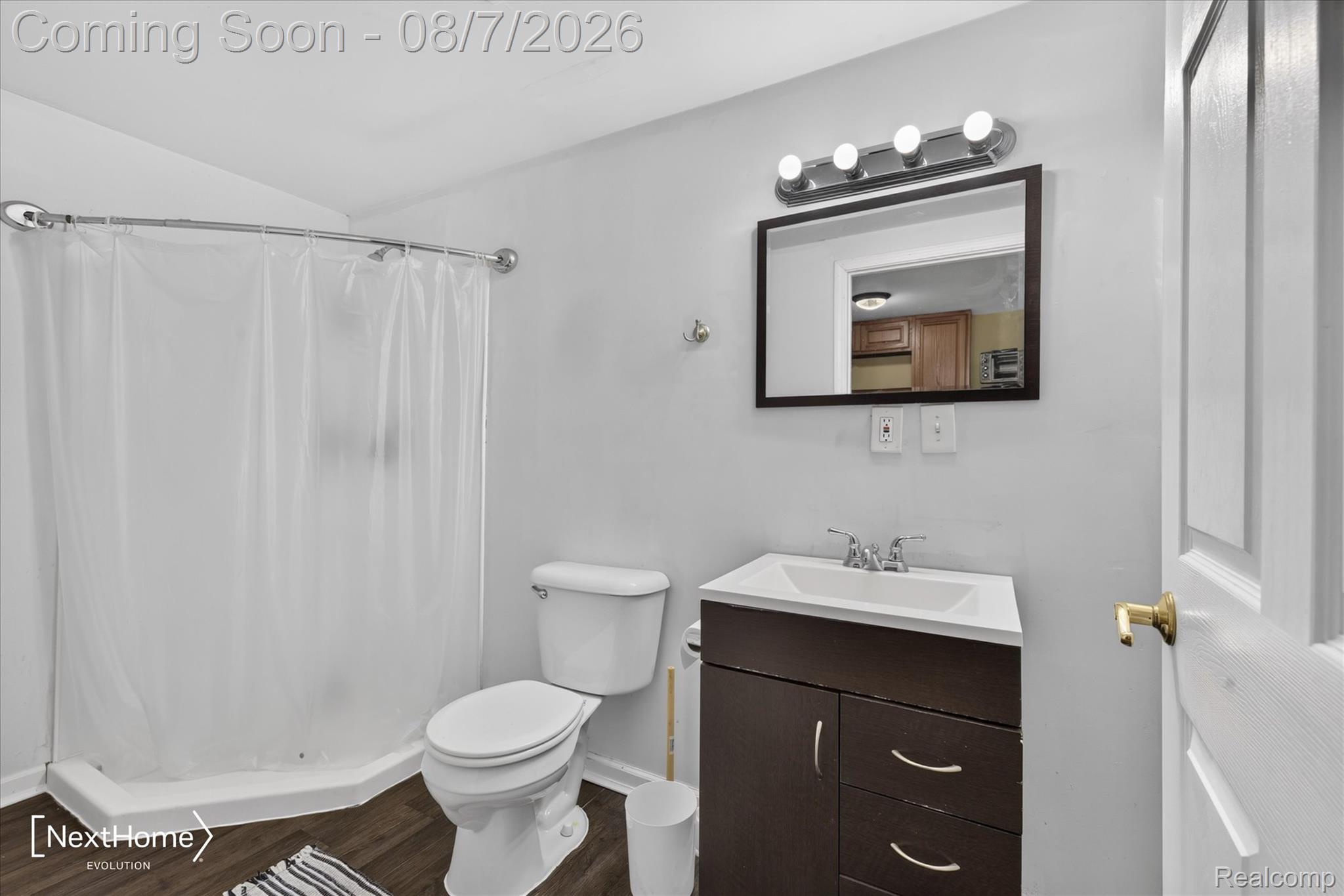 23740 Carleton West Road Belleville, MI 48111 - Photo 27 of 58 Bathroom featuring a corner shower, wood-finish flooring, dark wood-tone vanity with a white countertop, and a framed mirror with overhead lighting