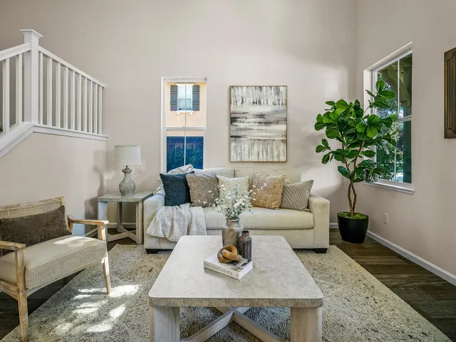 a living room with furniture and a potted plant