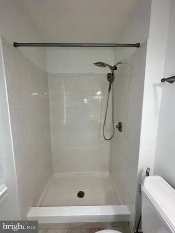 a bathroom with a shower and toilet
