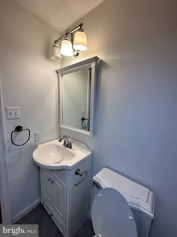 a bathroom with a sink a toilet and mirror