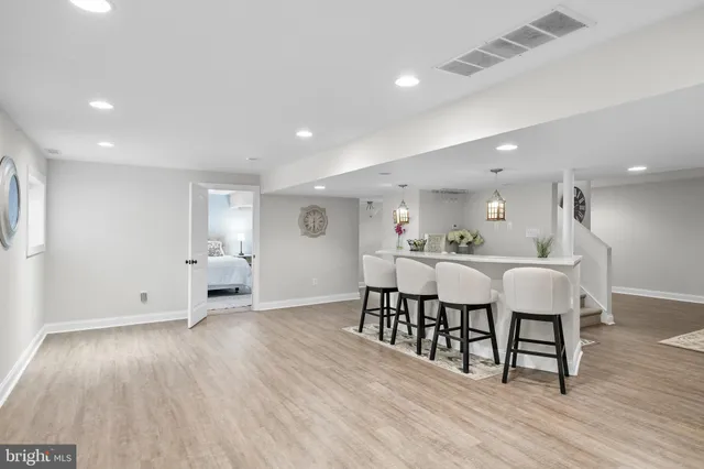 a view of a park with large trees