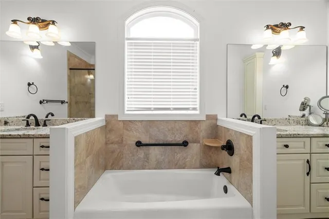 a bathroom with a double vanity sink a mirror and a shower