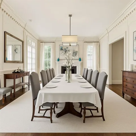 a living room with furniture fireplace and window