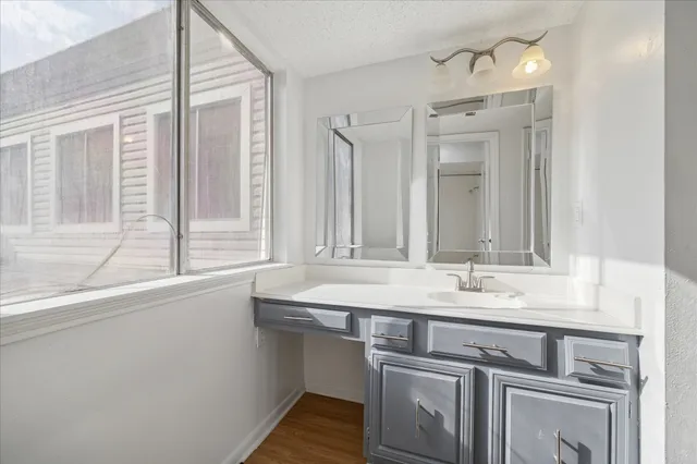 a bathroom with a sink and a mirror