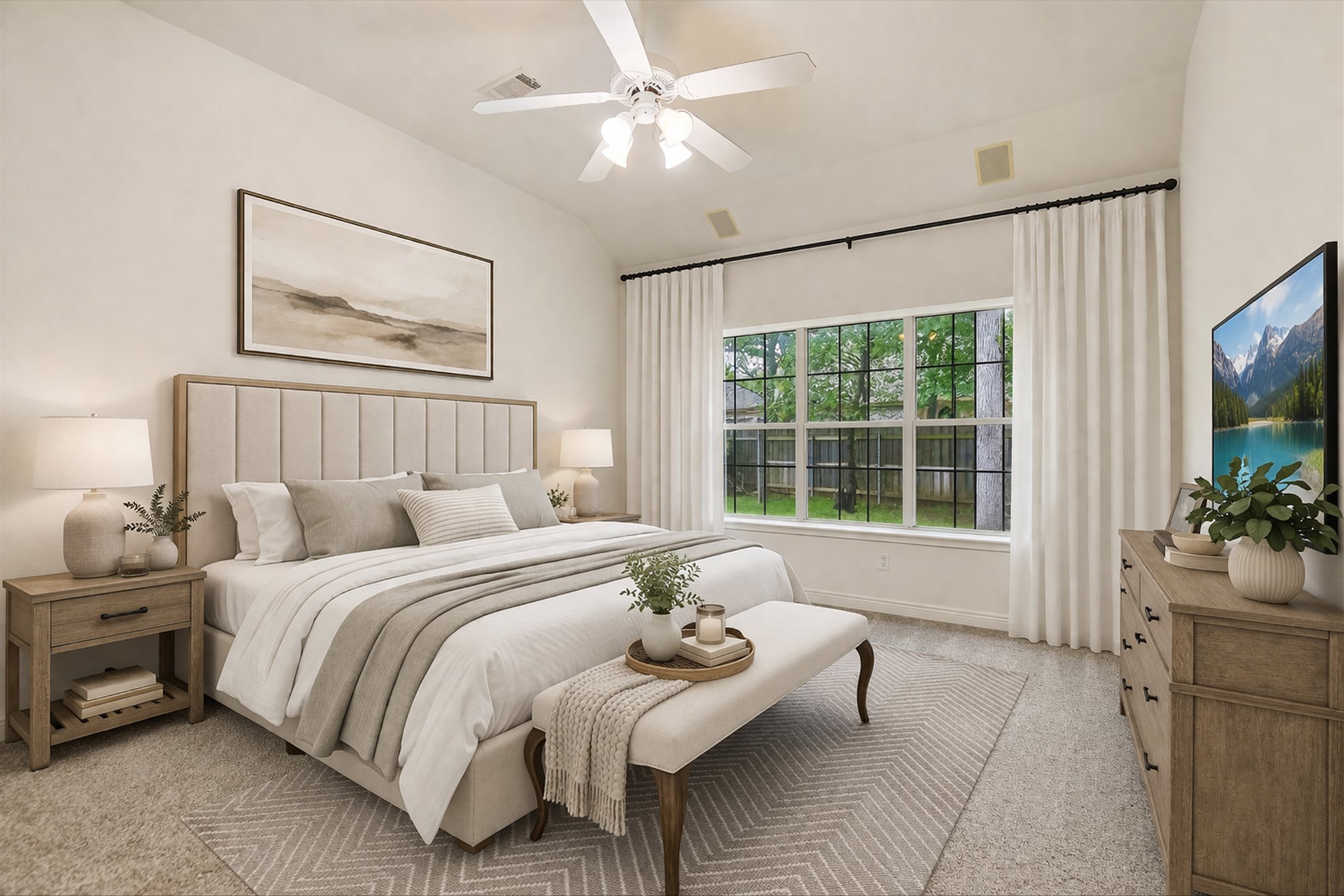 109 Stacey Cove Georgetown, TX 78628 - Photo 15 of 22 Virtually staged primary bedroom with new carpet and vaulted ceiling.