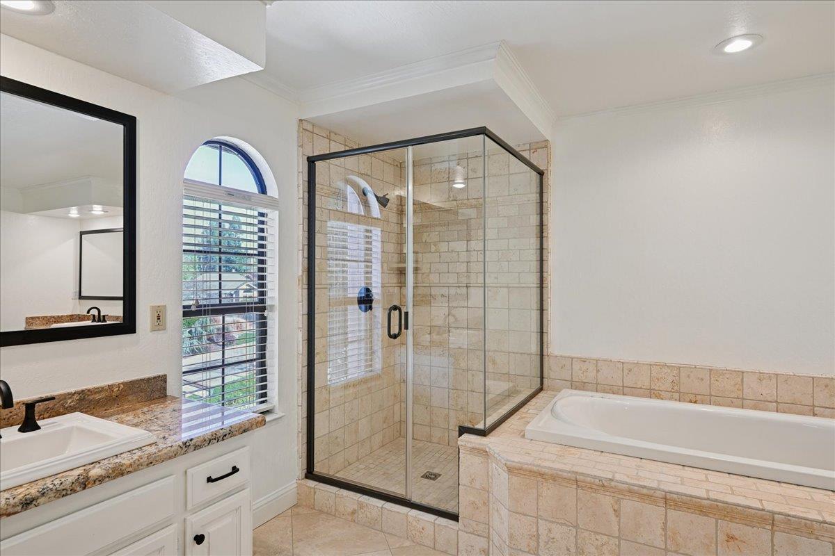 4608 Danvers Lane Granite Bay, CA 95746 - Photo 54 of 74 a bathroom with a granite countertop sink mirror and shower