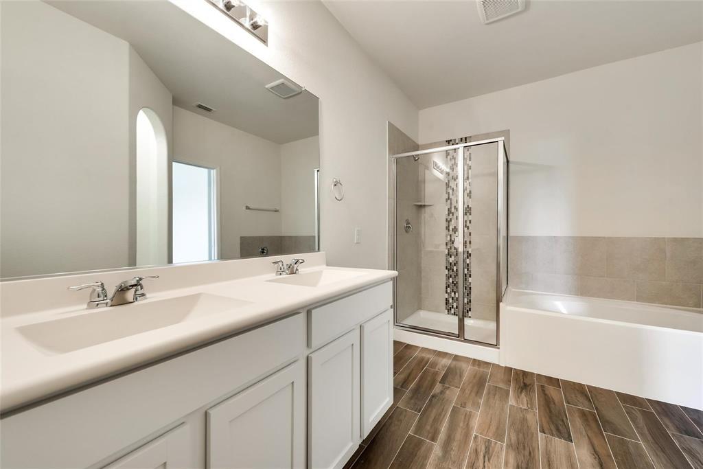 233 Pitt Circle Fate, TX 75189 - Photo 15 of 21 a bathroom with a sink a mirror and a shower