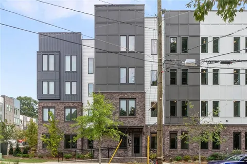 a front view of a multi story building