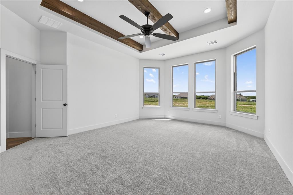517 Longhorn Lane Springtown, TX 76082 - Photo 17 of 39 Empty room featuring a raised ceiling, light colored carpet, ceiling fan, and recessed lighting