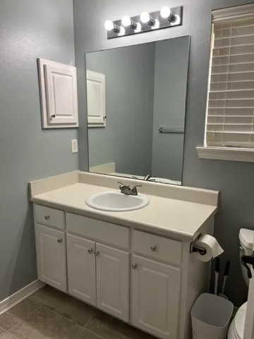 a bathroom with a sink and a mirror