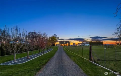 a view of a pathway with a garden