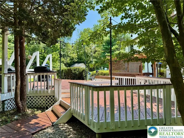 a view of a wooden deck and a backyard
