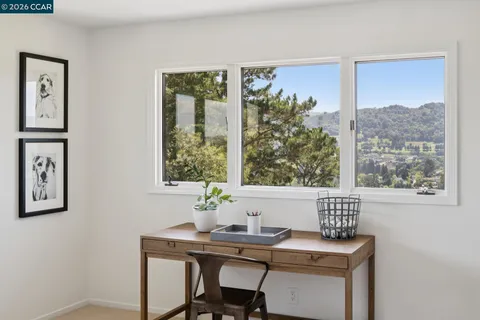 a view of a workspace room with furniture and window