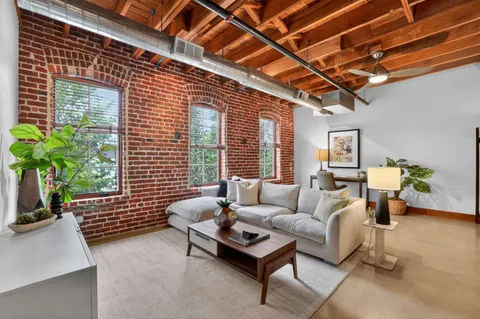 a living room with furniture and a potted plant