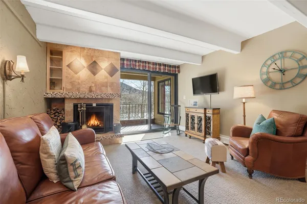 a living room with furniture a fireplace and a floor to ceiling window