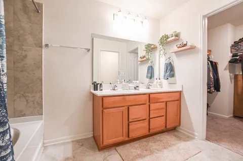 a bathroom with a double vanity sink a mirror and a shower