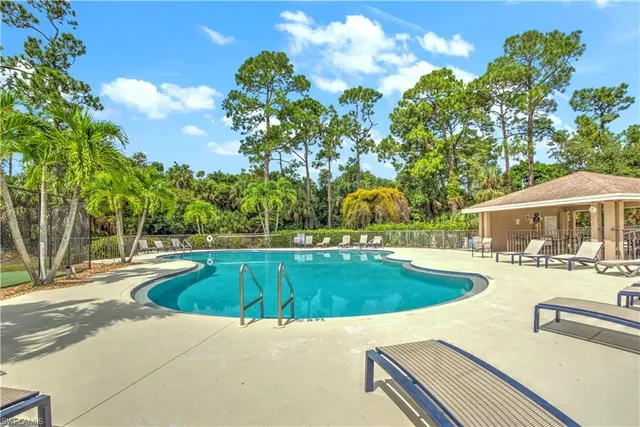 a view of a swimming pool with lounge chairs
