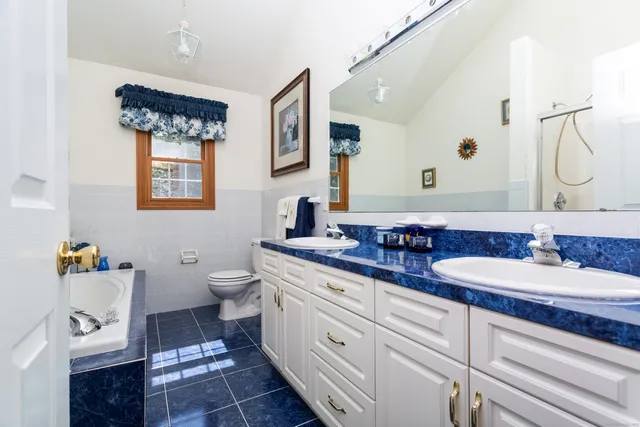 a bathroom with a double vanity sink mirror and toilet