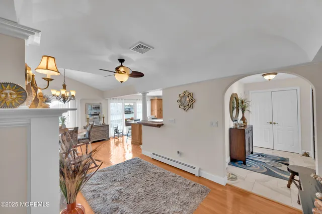 a view of a dining room with furniture