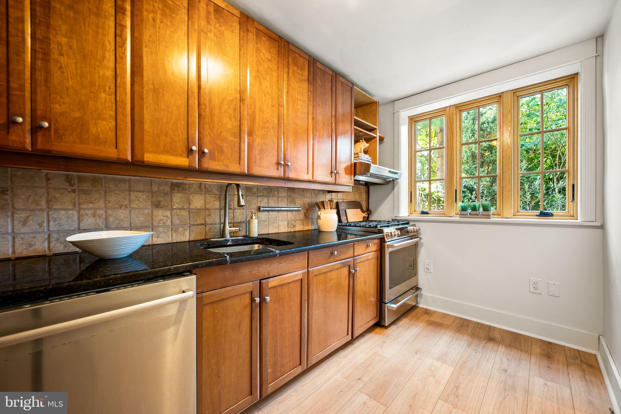 3310 West Penn Street Philadelphia, PA 19129 - Photo 12 of 26 a kitchen with granite countertop cabinets stainless steel appliances a sink and a window