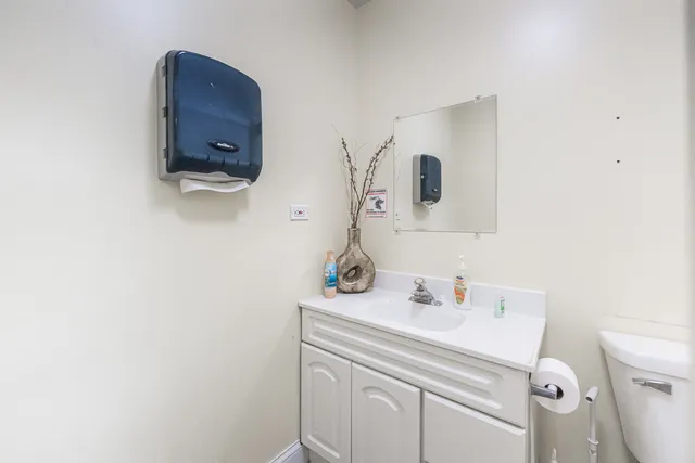 a bathroom with a toilet sink vanity and mirror