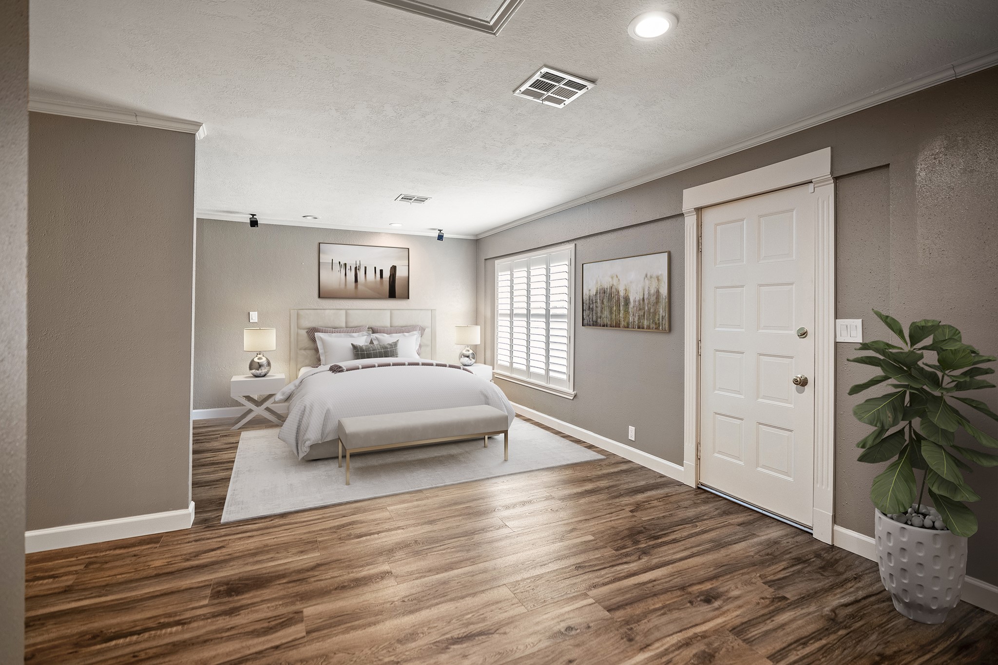 1306 Riverview Court Houston, TX 77077 - Photo 23 of 44 a bedroom with a large bed and a potted plant