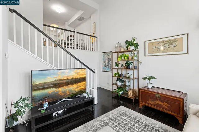 a living room with flat screen tv and a potted plant